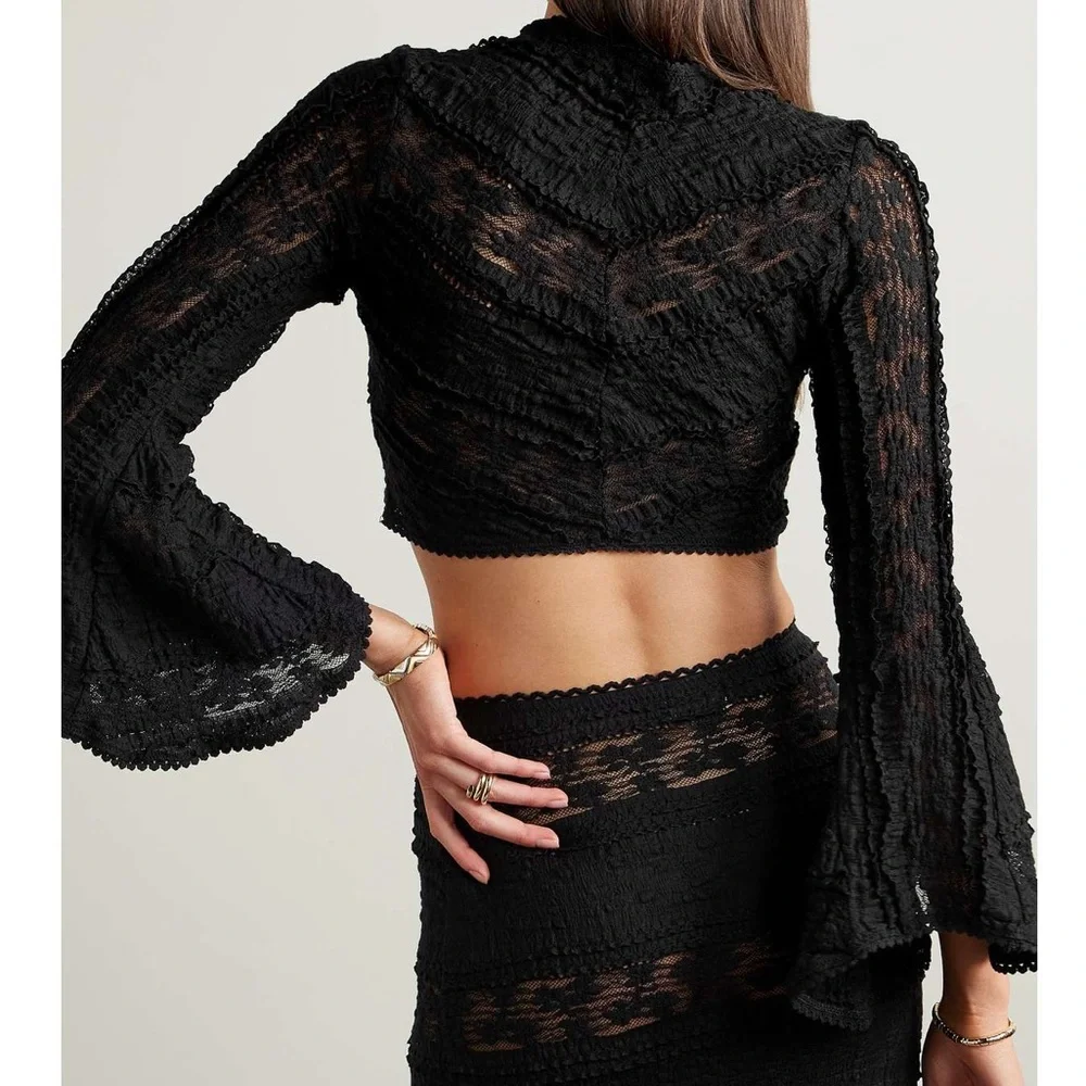 Charo Ruiz Black Cropped Lace Top with Flared Sleeves - Picture 3 of 8
